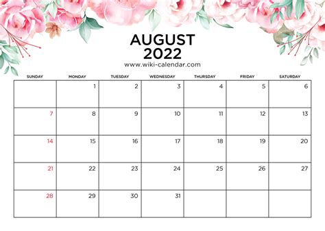 August 2022 Calendar Printable Free
